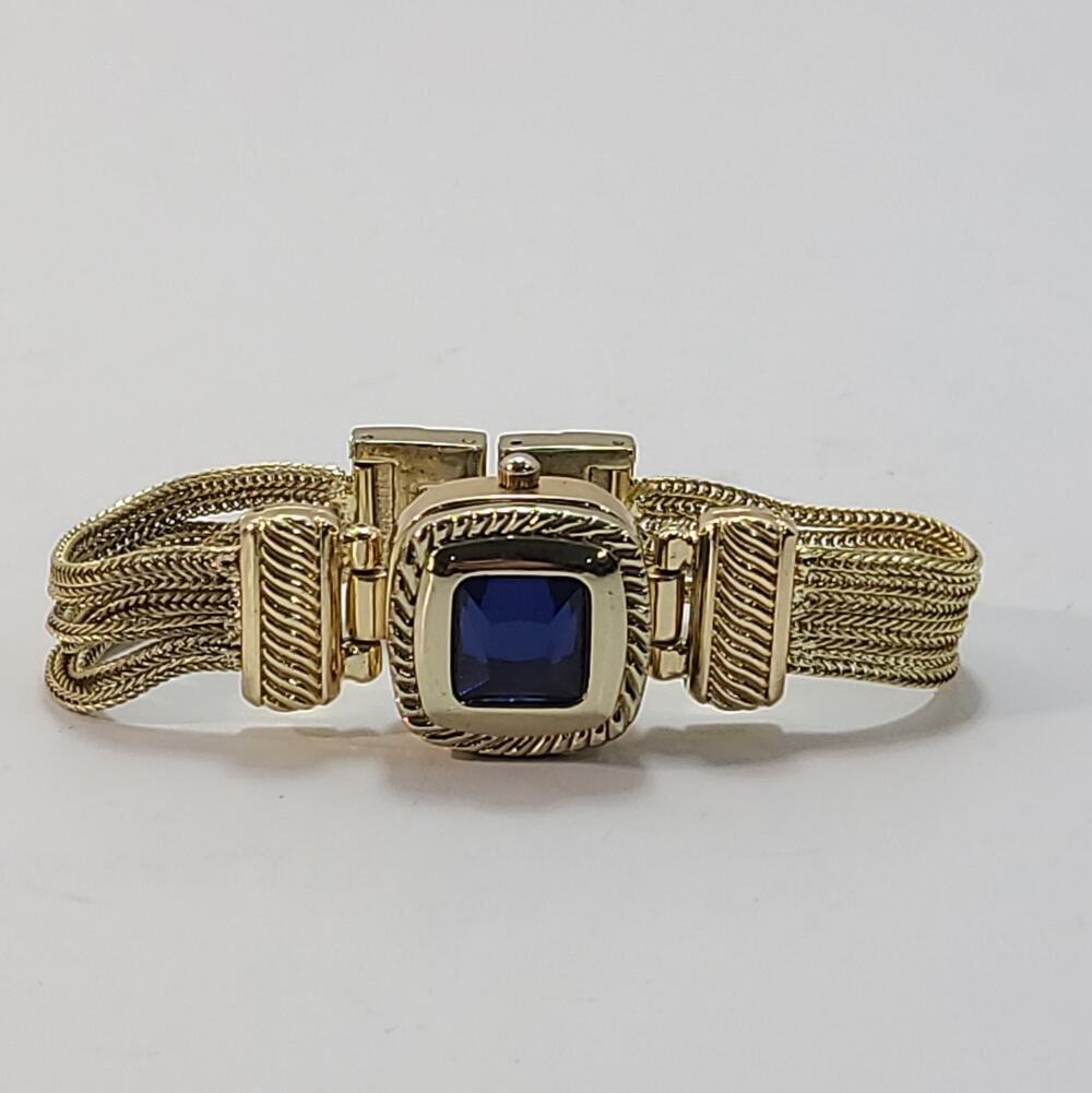 Charter Club Women's Gold Tone Blue Stone Closed Face Watch Tassel Link Works